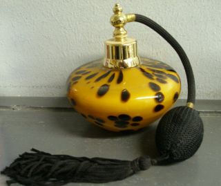 Vintage Cased Art Glass Perfume Bottle & Atomizer Orange Leopard Print