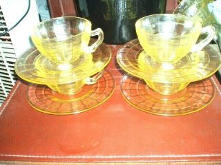 Vintage Block Optic Yellow Depression Glass Set Of 4 Cups And 4 Saucers