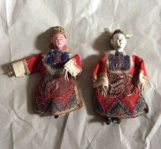 Antique Chinese Opera Dolls X 2 Ornate Embroidered Costumes