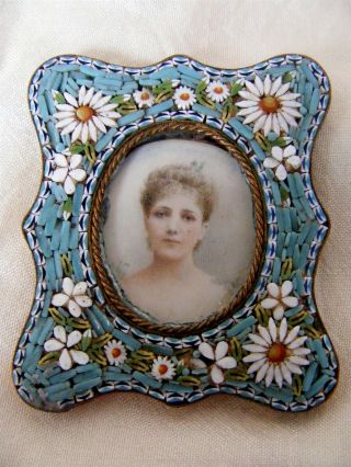 Antique Portrait Miniature Of A Lady,  Micro - Mosaic Frame 1900