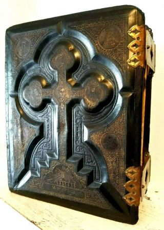 Antique 1873 Catholic Family Bible Douay Rheims Clasp Family Restored Big D2