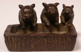 Pigs At Trough - Miniature Bronze Group Of Pigs - Signed