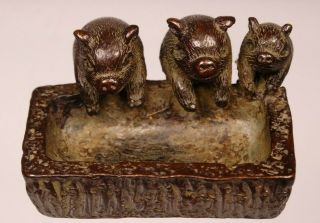 PIGS AT TROUGH - MINIATURE BRONZE GROUP OF PIGS - SIGNED 2