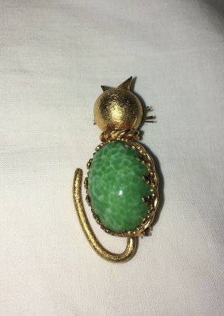 Adorable Vintage Kitty Cat Pin Brooch Gold Tone W/ Green Cabochon