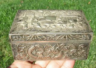 19th C.  Chinese Sterling Silver Box 184 Gr Rouposse,  Hong Kong,  Marked