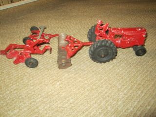 Vintage Mm Minneapolis Moline Red Diecast Toy Tractor W/ Disk Plow & Hay Cutter