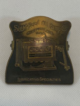 Antique 1910’s Metal Paper Money Clip Sight Feed Oil Pump Co.  Advertising Brass