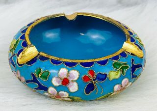 Vintage Cloisonne Ashtray Blue With Flowers And Butterflies Collectible