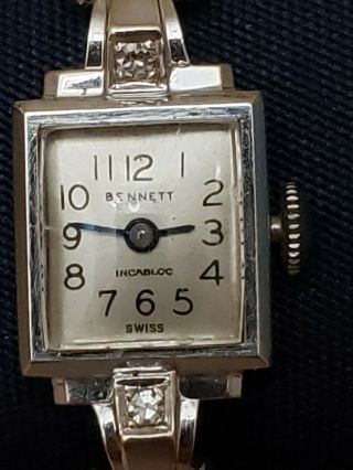 Vintage Antique Bennet Swiss Ladies 10k White Gold Diamond Watch