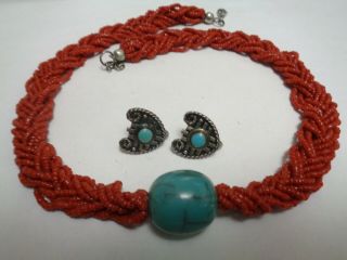 Vintage Multi 9 Strand Coral Seed Glass Faux Turquoise Braided Necklace Earrings