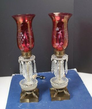 Vintage / Antique Cranberry & Brass Hurricane Lamps Lamp Set W/prism Crystals