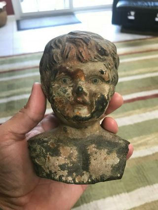 Antique Late 19th Century Large Tin Metal Doll Head With Paint