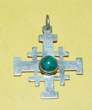 Vtg Jerusalem " 925 " Sterling Silver W/ Turquoise Ornate " Cross " Design Pendant