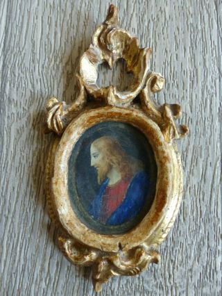 Fine Antique 18th Century Jesus Christ Miniature Painting Gilded Frame