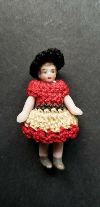 Antique Bisque German Hertwig Carl Horn 1 1/2 " Girl Doll In Red And Cream Dress