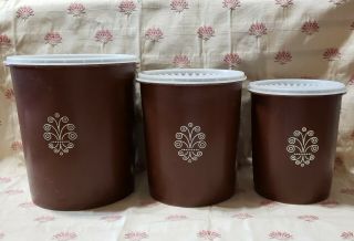 Vintage Tupperware Canisters Brown Clear Lids Set Of 3 Usa 806,  808 & 810