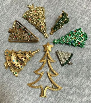 Vintage Christmas Tree Pins Brooches Rhinestones Some Signed Jj Mylu