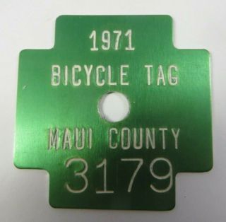 Vintage 1971 Maui,  Hawaii Bicycle Bike Tag License Plate 3179 Silver Tone Metal
