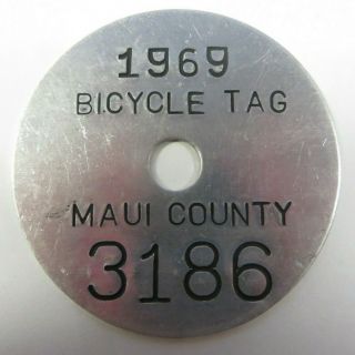 Vintage 1969 Maui,  Hawaii Bicycle Bike Tag License Plate 3186 Silver Tone Metal
