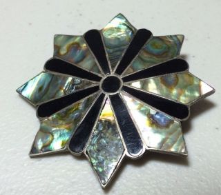 Mexico Hecho Vintage Abalone Silver Sterling Pin Or Pendant Brooch Black Star