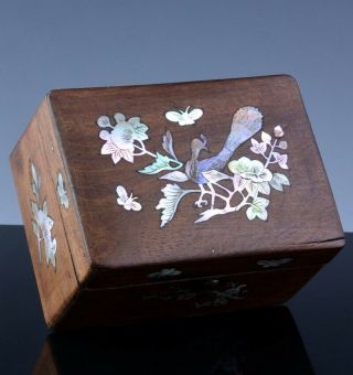 Fine Antique Chinese Huanghuali & Mother Of Pearl Bird Landscape Desk Table Box