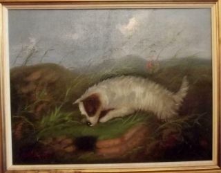 Langlois British 19th Century Antique Terrier Dog Oil Painting For Restoration