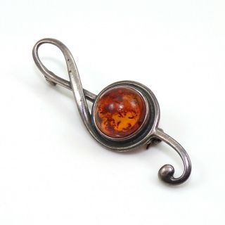 Vtg 5.  7gr Of Sterling Silver & Orange Amber Treble Clef Music Pin Brooch Zp