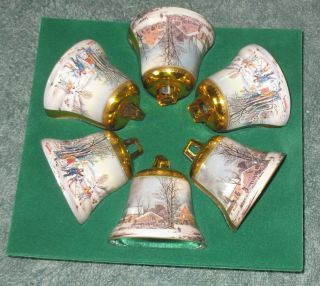 Vintage Currier And Ives 6 Christmas Ornaments Bell Shaped By Royal Heritage