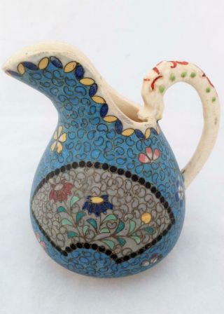Japanese Totai Shippo Cloisonne Pottery Jug Dragon Handle Floral Design C 1890