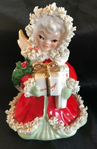 Vintage Napco Christmas Angel Figurine Spaghetti Trim White Red Trim Dress Japan
