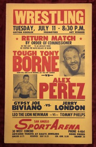 Vintage Wrestling Poster From San Angelo,  Texas,  1962 Great Shape Nwa,  Wwf