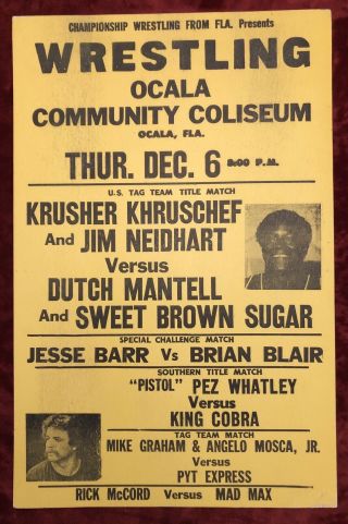 Vintage Championship Wrestling From Florida Poster,  1984 Great Shape Nwa,  Wwf