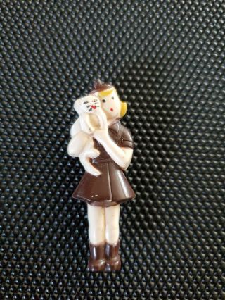 Vintage Girl Scout Brownie Pin With Girl Holding Cat/kitten - Circa 1954