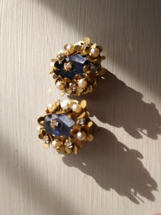 Vintage Signed Miriam Haskell Pear,  L Rhinestone And Blue Stone Earrings