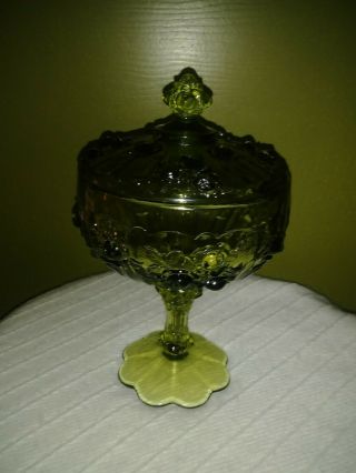 Vintage Fenton Cabbage Rose Glass Compote Candy Dish Lid Green