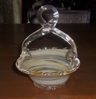 Vintage Art Glass Basket With Loop Handle Yellow Scalloped Edge