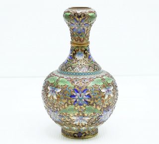 Antique Chinese Brass Cloisonne Champleve Enamel Vase Floral Design 8 " Tall