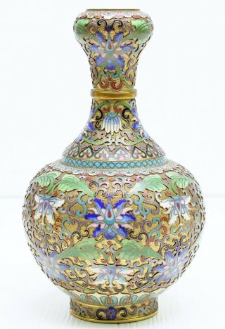 Antique Chinese Brass Cloisonne Champleve Enamel Vase Floral Design 8 