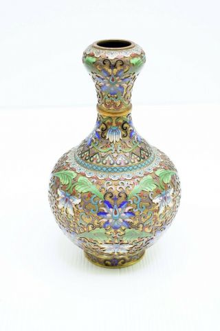 Antique Chinese Brass Cloisonne Champleve Enamel Vase Floral Design 8 