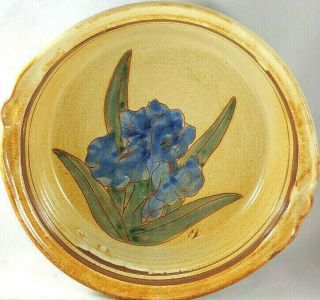 Vtg Handmade Signed Deep Dish Pie Pan Plate Dish Quiche Tart Floral Flower Iris