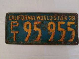 Vintage 1939 California Worlds Fair 39 Pt 95955 License Plate