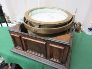 Large Rare Vintage Double Sided Compass On Gimbals In Fitted Wooden Base