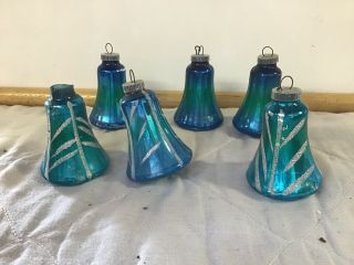 6 Vintage Bell Shaped Glass Christmas Tree Ornaments,  West Germany
