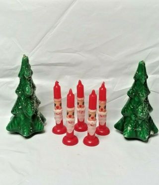 2 Vintage Gurley Christmas Candle Trees & 6 Santa Candles