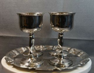 A Vintage Set Of Four Silver Plated Goblets On A Tray
