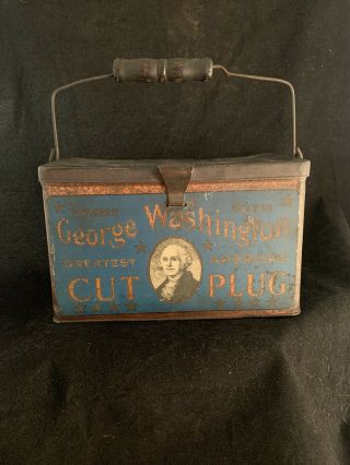 Antique R.  J.  Reynolds,  George Washington Cut Plug Tin W/wood Handle - Dh