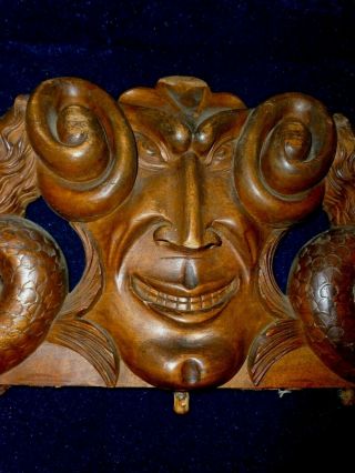 Antique Carved Wood Architectural Pediment Devil Face And Two Sirens 46x21cm