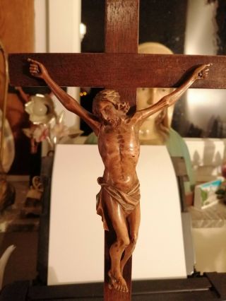 Antique Pedestal Chapel Altar Standing Wood Crucifix Hand Carved Jesus Corpus