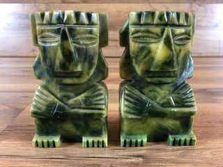 Vintage Green Stone Marble Carved Tiki Statue Bookends Set Of 2 Home Office