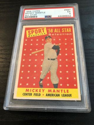 1958 Topps 487 - Mickey Mantle A/s - Psa 5 Ex - Hof - Yankees - Sharp (6832)
